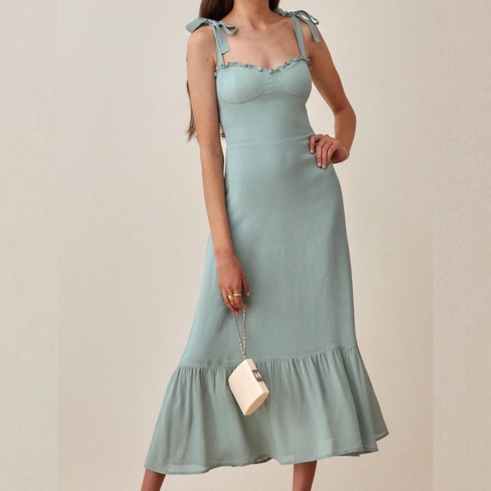 Reformation Womens Maxi Dress 0 Jasen Tie Strap Ruffle Sage Green Smocked Tiered